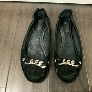 Louis Vuitton Kiltie Black Suede Flats with Silver Hardware Size 40
